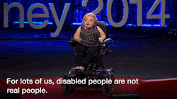 Stella Young presenting her TED talk with caption "For lots of us, disabled people are not real people"